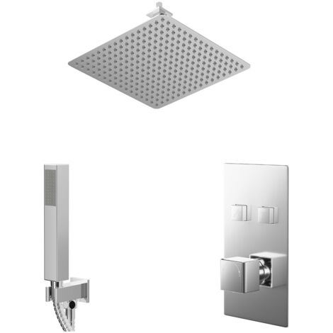 Wholesale Domestic Cubix Polished Chrome Push Button Diverter Concealed Thermostatic Shower Valve and 400mm Square Head with 150mm Ceiling Arm and Outlet Holder with Kit - 2 Outlet