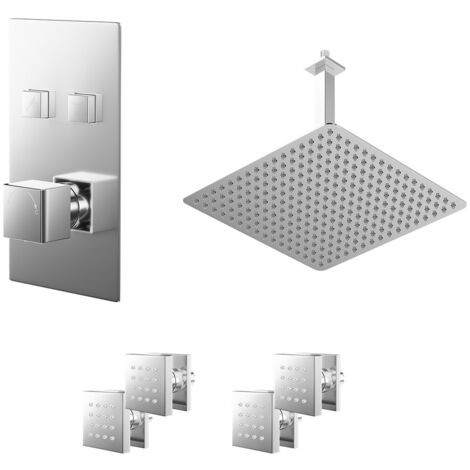 Wholesale Domestic Cubix Polished Chrome Push Button Diverter Concealed Thermostatic Shower Valve and 400mm Square Head with 300mm Ceiling Arm and 4 Body Jets - 2 Outlet