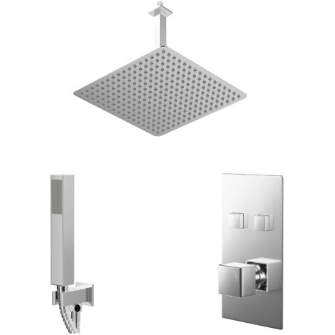 Wholesale Domestic Cubix Polished Chrome Push Button Diverter Concealed Thermostatic Shower Valve and 400mm Square Head with 300mm Ceiling Arm and Outlet Holder with Kit - 2 Outlet
