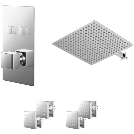 Wholesale Domestic Cubix Polished Chrome Push Button Diverter Concealed Thermostatic Shower Valve and 400mm Square Head with 345mm Wall Arm and 4 Body Jets - 2 Outlet
