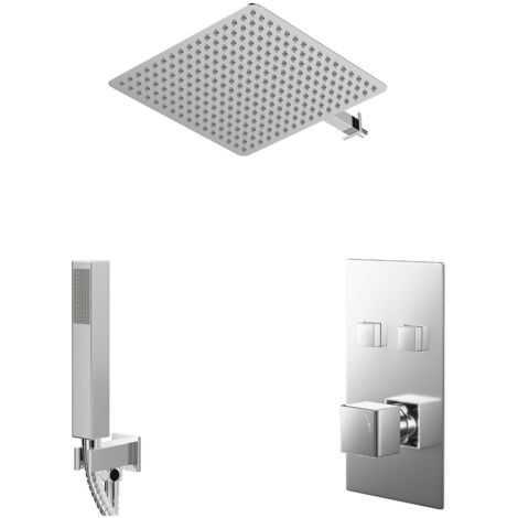 Wholesale Domestic Cubix Polished Chrome Push Button Diverter Concealed Thermostatic Shower Valve and 400mm Square Head with 345mm Wall Arm and Outlet Holder with Kit - 2 Outlet