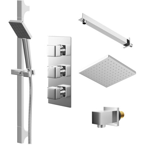 Wholesale Domestic Cubix Polished Chrome Triple Thermostatic Shower Valve and 200mm Square Fixed Head with Wall Arm and Severn Shower Slide Rail Kit with Square Elbow - 2 Outlet