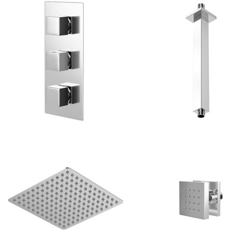 Wholesale Domestic Cubix Polished Chrome Triple Thermostatic Shower Valve and 300mm Thin Square Fixed Head with Ceiling Arm and 4 Square Body Jets - 2 Outlet