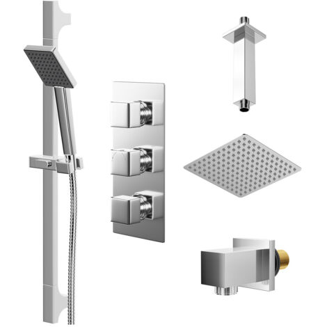 Wholesale Domestic Cubix Polished Chrome Triple Thermostatic Shower Valve and 300mm Thin Square Fixed Head with Ceiling Arm and Severn Shower Slide Rail Kit with Square Elbow - 2 Outlet