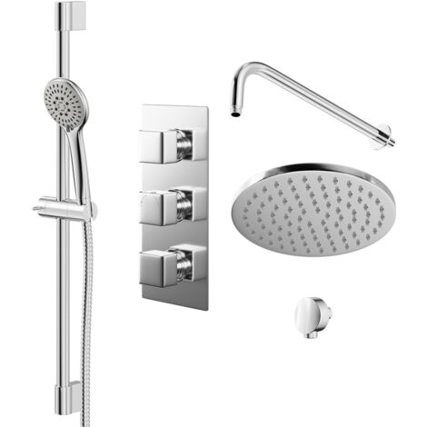 Wholesale Domestic Cubix Polished Chrome Triple Thermostatic Valve Mixer Shower with Round Fixed Head and Avon Shower Slide Rail Kit - 2 Outlet