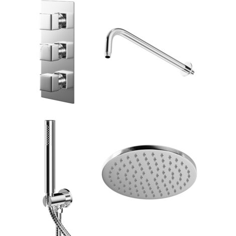 Wholesale Domestic Cubix Polished Chrome Triple Thermostatic Valve Mixer Shower with Round Fixed Head and Round Handset Outlet Holder - 2 Outlet