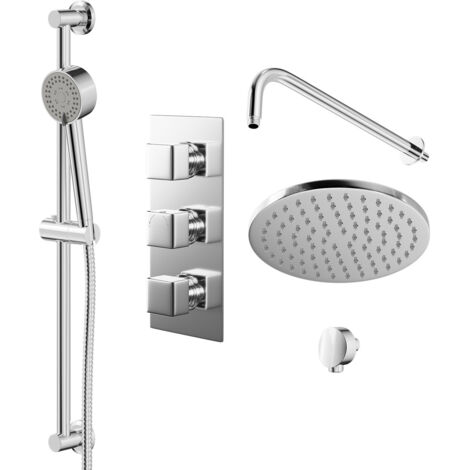 Wholesale Domestic Cubix Polished Chrome Triple Thermostatic Valve Mixer Shower with Round Fixed Head and Tyne Shower Slide Rail Kit - 2 Outlet