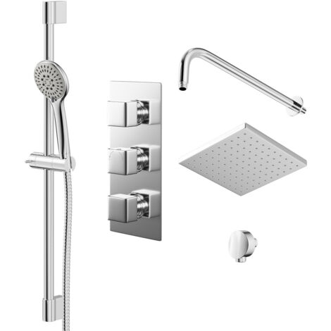Wholesale Domestic Cubix Polished Chrome Triple Thermostatic Valve Mixer Shower with Square Fixed Head and Avon Shower Slide Rail Kit - 2 Outlet