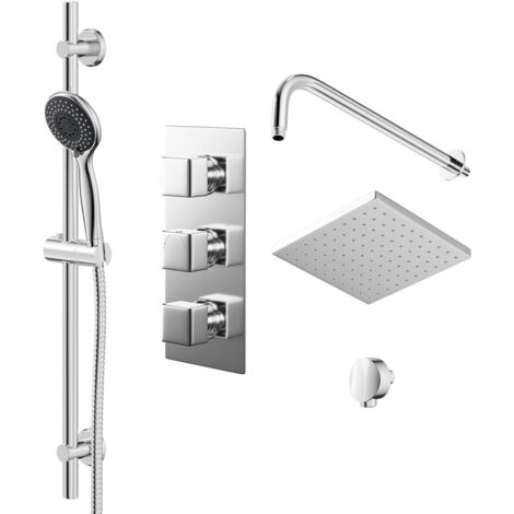 Wholesale Domestic Cubix Polished Chrome Triple Thermostatic Valve Mixer Shower with Square Fixed Head and Clyde Shower Slide Rail Kit - 2 Outlet