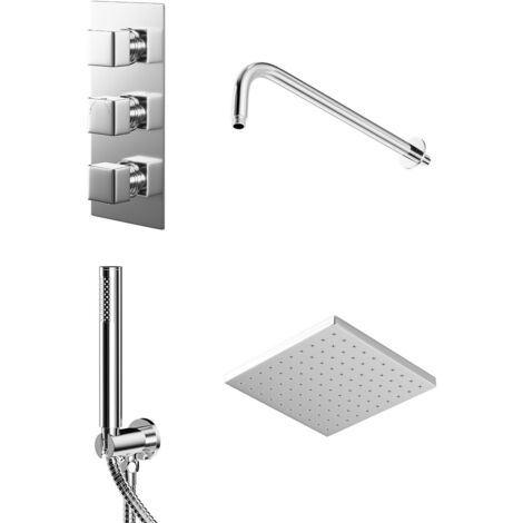 Wholesale Domestic Cubix Polished Chrome Triple Thermostatic Valve Mixer Shower with Square Fixed Head and Round Handset Outlet Holder - 2 Outlet