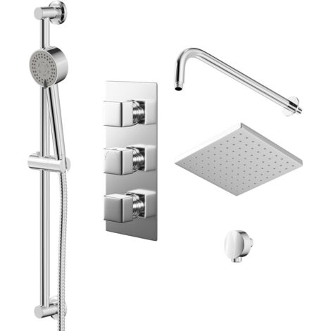 Wholesale Domestic Cubix Polished Chrome Triple Thermostatic Valve Mixer Shower with Square Fixed Head and Tyne Shower Slide Rail Kit - 2 Outlet