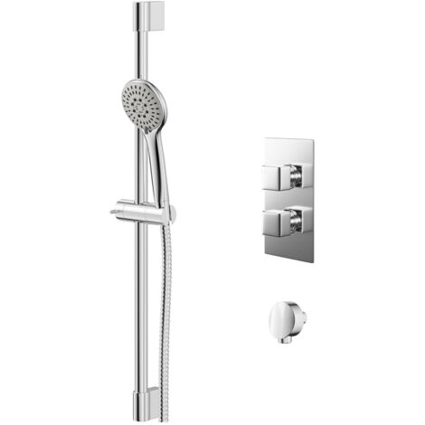 Wholesale Domestic Cubix Polished Chrome Twin Thermostatic Valve Mixer Shower with Avon Slide Rail Kit and Round Shower Elbow - 1 Outlet