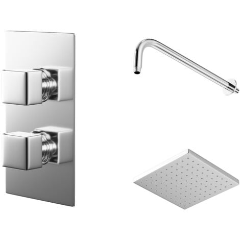 Wholesale Domestic Cubix Polished Chrome Twin Thermostatic Valve Mixer Shower with Square Shower Head and Wall Arm - 1 Outlet
