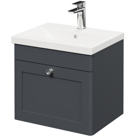 Wholesale Domestic Danbury Satin Anthracite 500mm Wall Mounted Vanity Unit with 1 Tap Hole Modern Basin and Single Drawer with Polished Chrome Handle