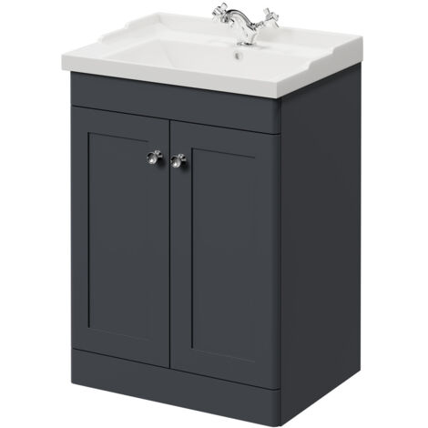 Wholesale Domestic Danbury Satin Anthracite 600mm Floor Standing Vanity Unit with 1 Tap Hole Traditional Basin and 2 Doors with Polished Chrome Handles