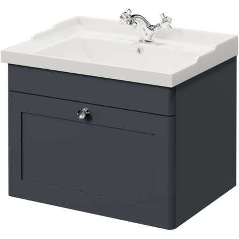 Wholesale Domestic Danbury Satin Anthracite 600mm Wall Mounted Vanity Unit with 1 Tap Hole Traditional Basin and Single Drawer with Polished Chrome Handle