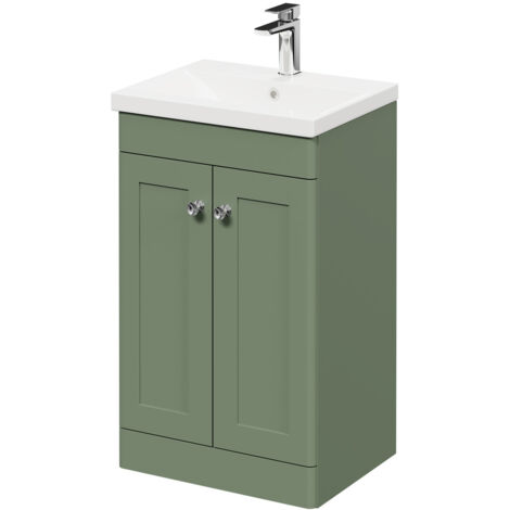 Wholesale Domestic Danbury Satin Green 500mm Floor Standing Vanity Unit with 1 Tap Hole Modern Basin and 2 Doors with Polished Chrome Handles
