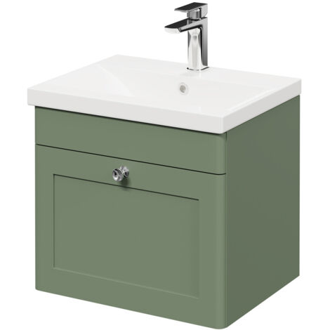 Wholesale Domestic Danbury Satin Green 500mm Wall Mounted Vanity Unit with 1 Tap Hole Modern Basin and Single Drawer with Polished Chrome Handle