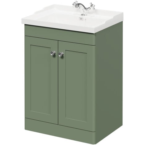 Wholesale Domestic Danbury Satin Green 600mm Floor Standing Vanity Unit with 1 Tap Hole Traditional Basin and 2 Doors with Polished Chrome Handles