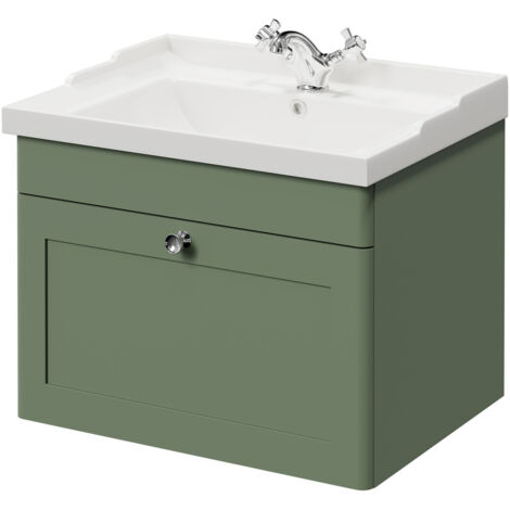 Wholesale Domestic Danbury Satin Green 600mm Wall Mounted Vanity Unit with 1 Tap Hole Traditional Basin and Single Drawer with Polished Chrome Handle