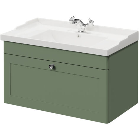 Wholesale Domestic Danbury Satin Green 800mm Wall Mounted Vanity Unit with 1 Tap Hole Traditional Basin and Single Drawer with Polished Chrome Handle
