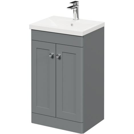 Wholesale Domestic Danbury Satin Grey 500mm Floor Standing Vanity Unit with 1 Tap Hole Modern Basin and 2 Doors with Polished Chrome Handles