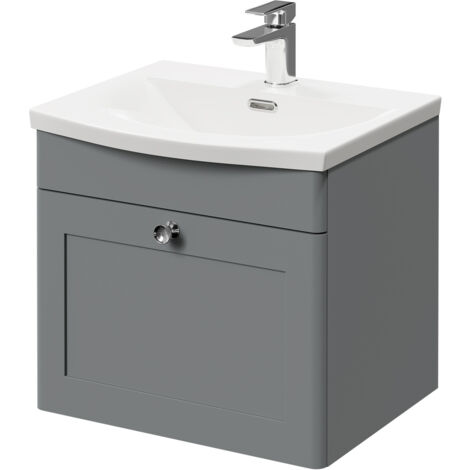 Wholesale Domestic Danbury Satin Grey 500mm Wall Mounted Vanity Unit with 1 Tap Hole Curved Basin and Single Drawer with Polished Chrome Handle