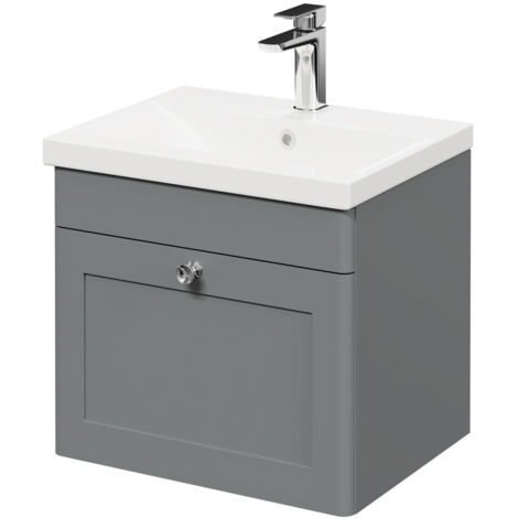 Wholesale Domestic Danbury Satin Grey 500mm Wall Mounted Vanity Unit with 1 Tap Hole Modern Basin and Single Drawer with Polished Chrome Handle