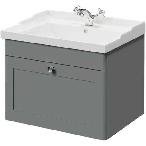 Wholesale Domestic Danbury Satin Grey 600mm Wall Mounted Vanity Unit with 1 Tap Hole Traditional Basin and Single Drawer with Polished Chrome Handle