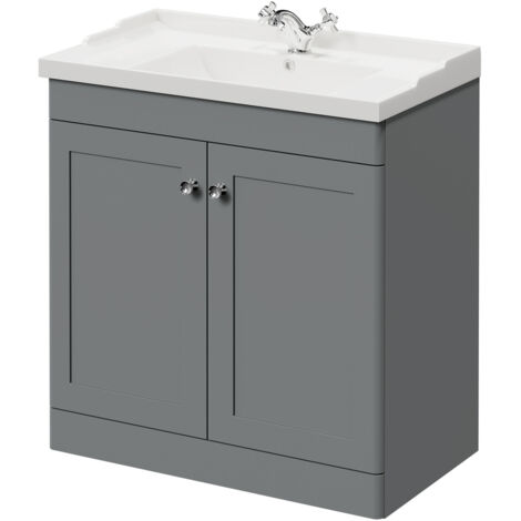 Wholesale Domestic Danbury Satin Grey 800mm Floor Standing Vanity Unit with 1 Tap Hole Traditional Basin and 2 Doors with Polished Chrome Handles