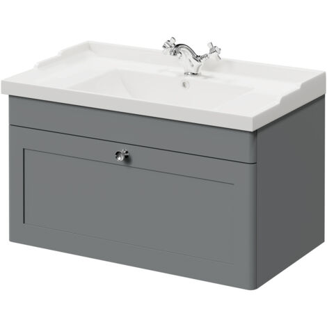 Wholesale Domestic Danbury Satin Grey 800mm Wall Mounted Vanity Unit with 1 Tap Hole Traditional Basin and Single Drawer with Polished Chrome Handle