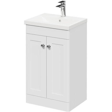 Wholesale Domestic Danbury Satin White 500mm Floor Standing Vanity Unit with 1 Tap Hole Modern Basin and 2 Doors with Polished Chrome Handles
