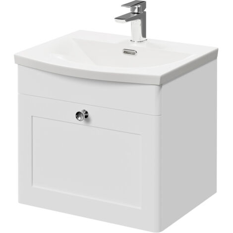 Wholesale Domestic Danbury Satin White 500mm Wall Mounted Vanity Unit with 1 Tap Hole Curved Basin and Single Drawer with Polished Chrome Handle
