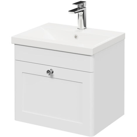 Wholesale Domestic Danbury Satin White 500mm Wall Mounted Vanity Unit with 1 Tap Hole Modern Basin and Single Drawer with Polished Chrome Handle