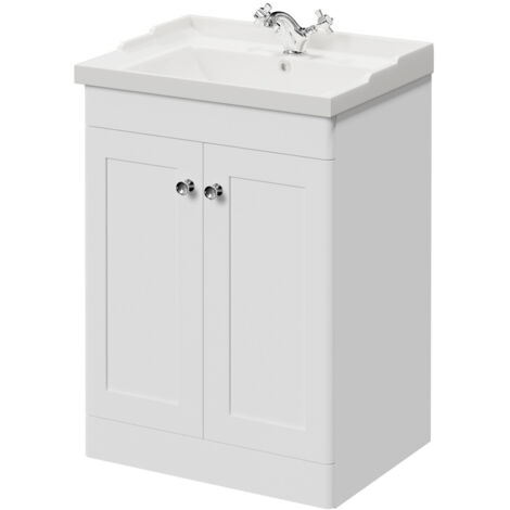Wholesale Domestic Danbury Satin White 600mm Floor Standing Vanity Unit with 1 Tap Hole Traditional Basin and 2 Doors with Polished Chrome Handles