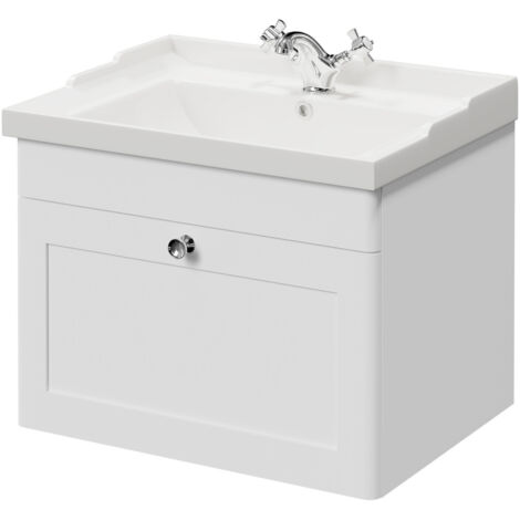 Wholesale Domestic Danbury Satin White 600mm Wall Mounted Vanity Unit with 1 Tap Hole Traditional Basin with Single Drawer and Polished Chrome Handle