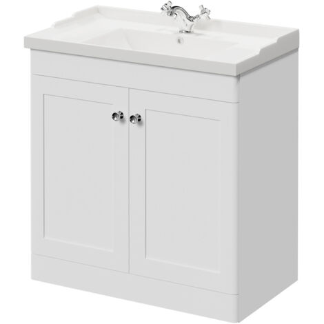 Wholesale Domestic Danbury Satin White 800mm Floor Standing Vanity Unit with 1 Tap Hole Traditional Basin and 2 Doors with Polished Chrome Handles
