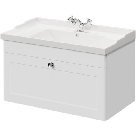 Wholesale Domestic Danbury Satin White 800mm Wall Mounted Vanity Unit with 1 Tap Hole Traditional Basin and Single Drawer with Polished Chrome Handle