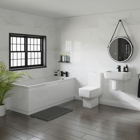 Wholesale Domestic Denton White 550mm Basin and 1700mm Slim Edge Straight Single Ended Bathroom Suite including Matt Black Taps and Wastes