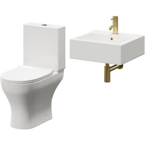 Wholesale Domestic Elvas 470mm Wall Hung Basin and Toilet Suite including Round Brushed Brass Bottle Trap and Open Back Toilet