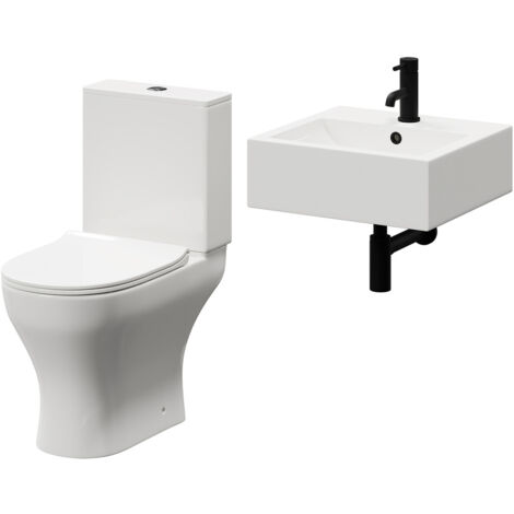 Wholesale Domestic Elvas 470mm Wall Hung Basin and Toilet Suite including Round Matt Black Bottle Trap and Open Back Toilet