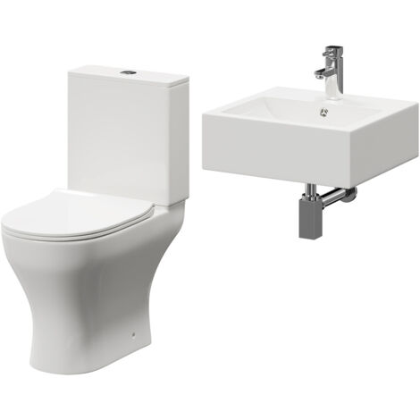 Wholesale Domestic Elvas 470mm Wall Hung Basin and Toilet Suite including Square Polished Chrome Bottle Trap and Open Back Toilet