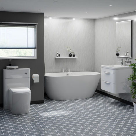 Wholesale Domestic Harlow Gloss White 600mm Vanity and 1650mm Double Ended Freestanding Bathroom Suite with WC Unit