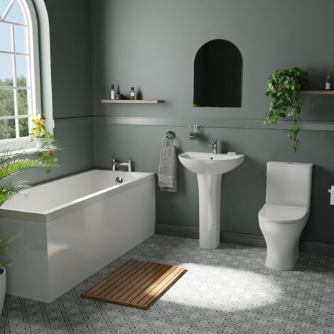 Wholesale Domestic Harrogate White 550mm Basin and 1700mm Straight Single Ended Bathroom Suite including Taps and Wastes