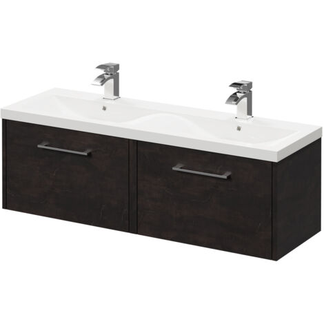 Wholesale Domestic Horizon Metallic Slate 1200mm Wall Mounted Vanity Unit with Ceramic Double Basin and 2 Drawers with Polished Chrome Handles