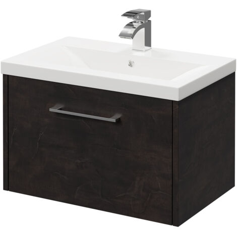 Wholesale Domestic Horizon Metallic Slate 600mm Wall Mounted Vanity Unit with 1 Tap Hole Basin and Single Drawer with Polished Chrome Handle