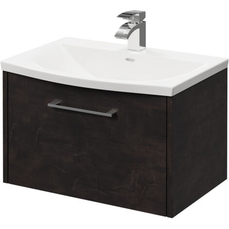 Wholesale Domestic Horizon Metallic Slate 600mm Wall Mounted Vanity Unit with 1 Tap Hole Curved Basin and Single Drawer with Polished Chrome Handle