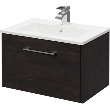 Wholesale Domestic Horizon Metallic Slate 600mm Wall Mounted Vanity Unit with 1 Tap Hole Minimalist Basin and Single Drawer with Polished Chrome Handle