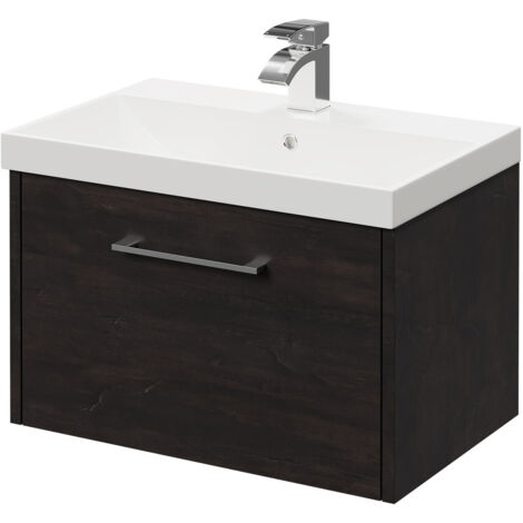 Wholesale Domestic Horizon Metallic Slate 600mm Wall Mounted Vanity Unit with 1 Tap Hole Slim Edge Basin and Single Drawer with Polished Chrome Handle