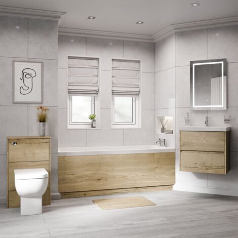 Wholesale Domestic Kendel 1700mm x 700mm Straight Single Ended Bathroom Suite including Autumn Oak Furniture Set with Slim Edge Basin